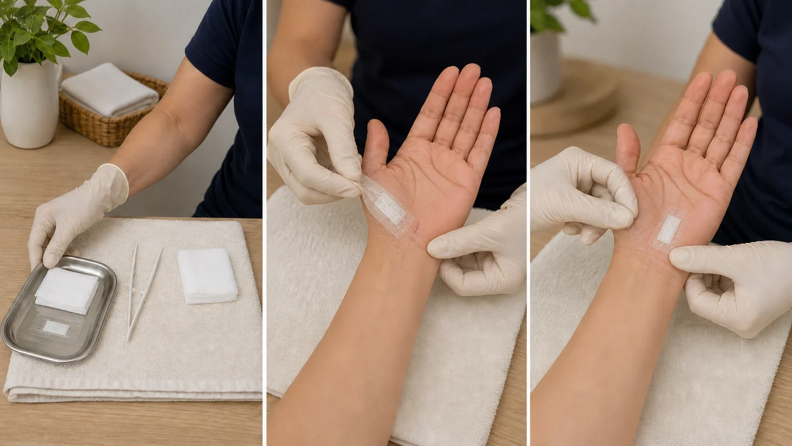 مراحل تعویض تمیز پانسمان زخم عمل، در حالی که هر دو دست دستکش استریل دارند