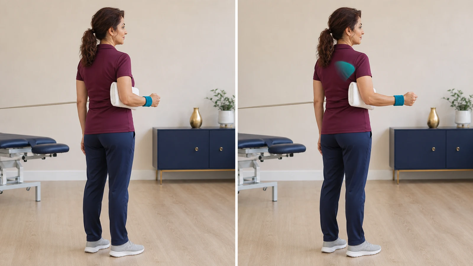 External rotation of the right shoulder with a very light band and the target muscles shown at the back of the shoulder