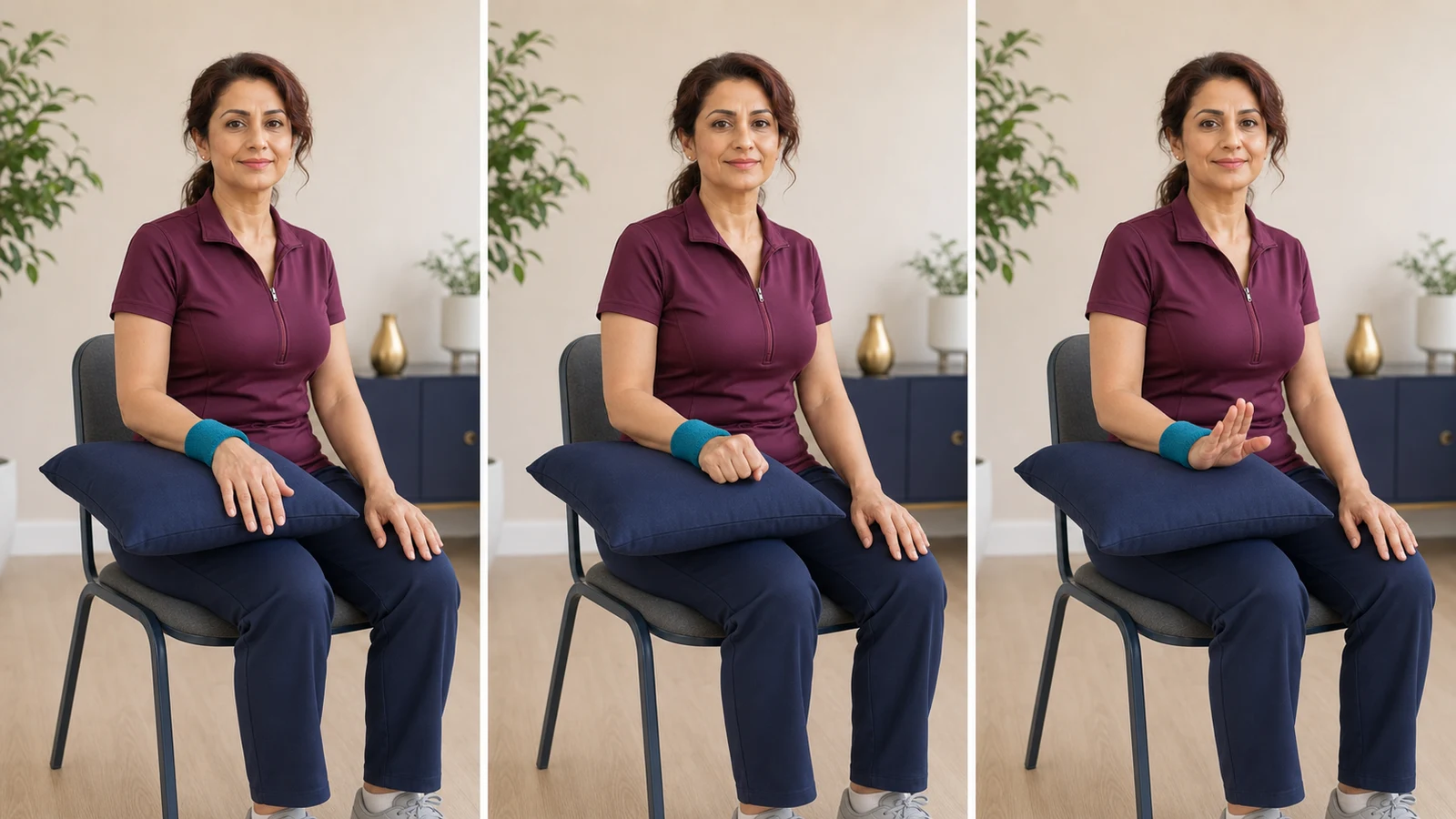 Opening and closing the fingers and gently moving the right wrist with the forearm fully supported
