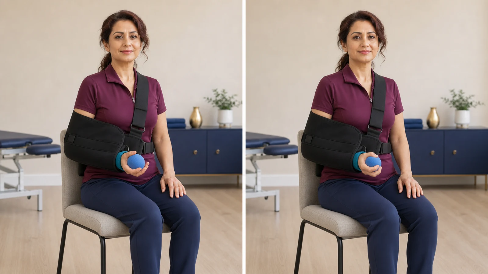 Gently squeezing a soft ball with the right hand while the forearm is fully supported