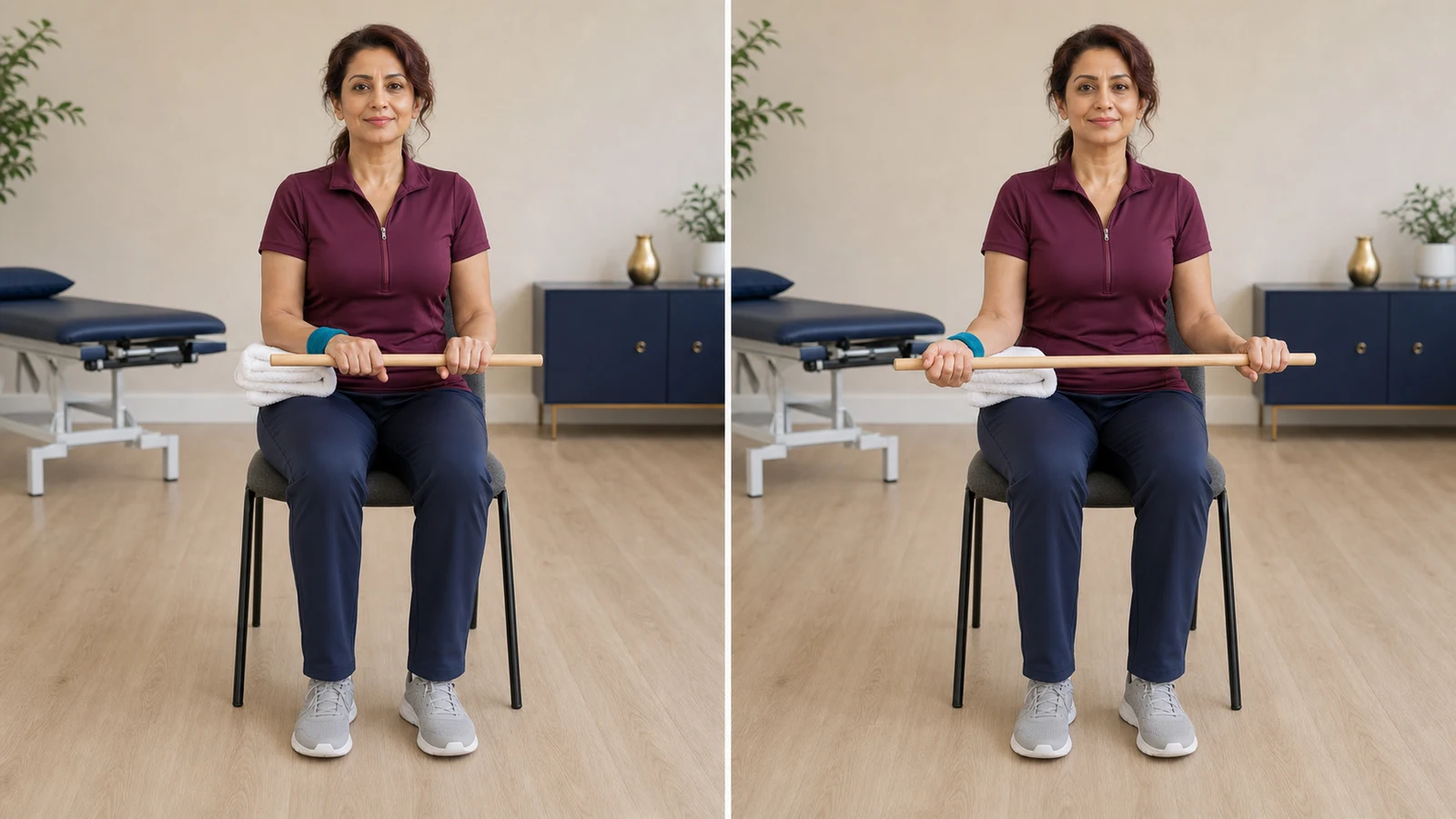 Passive external rotation of the right shoulder with a dowel guided by the left hand