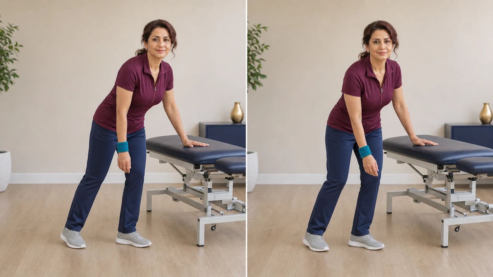 Passive pendulum of the right arm with the left hand supported on a table and movement created by the trunk