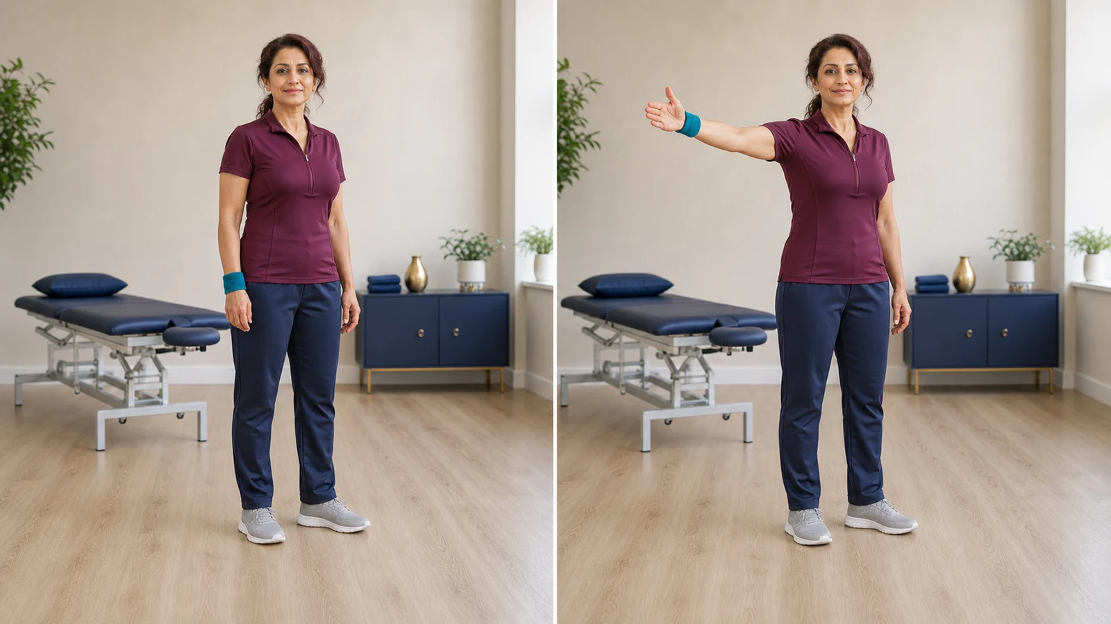 Controlled elevation of the unweighted right arm in the scapular plane without hiking the shoulder