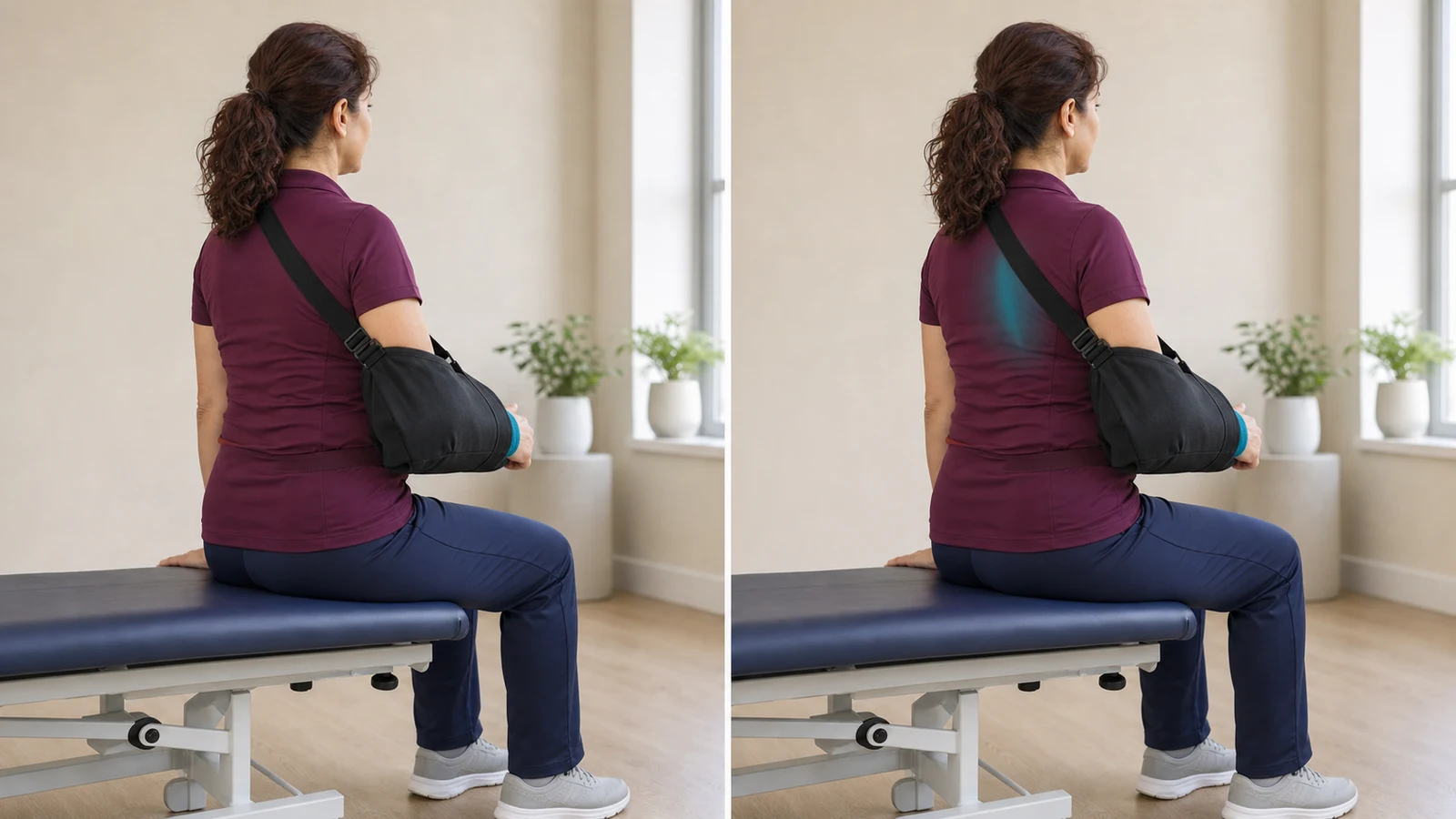 Gentle setting of the right shoulder blade with the target muscles shown and the arm in a sling