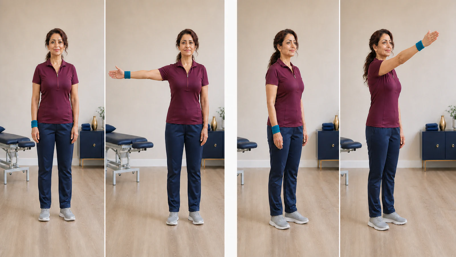 Four stages of unweighted active right-arm elevation: neutral standing, lateral elevation to 90 degrees, return to neutral, and forward elevation to 120 degrees