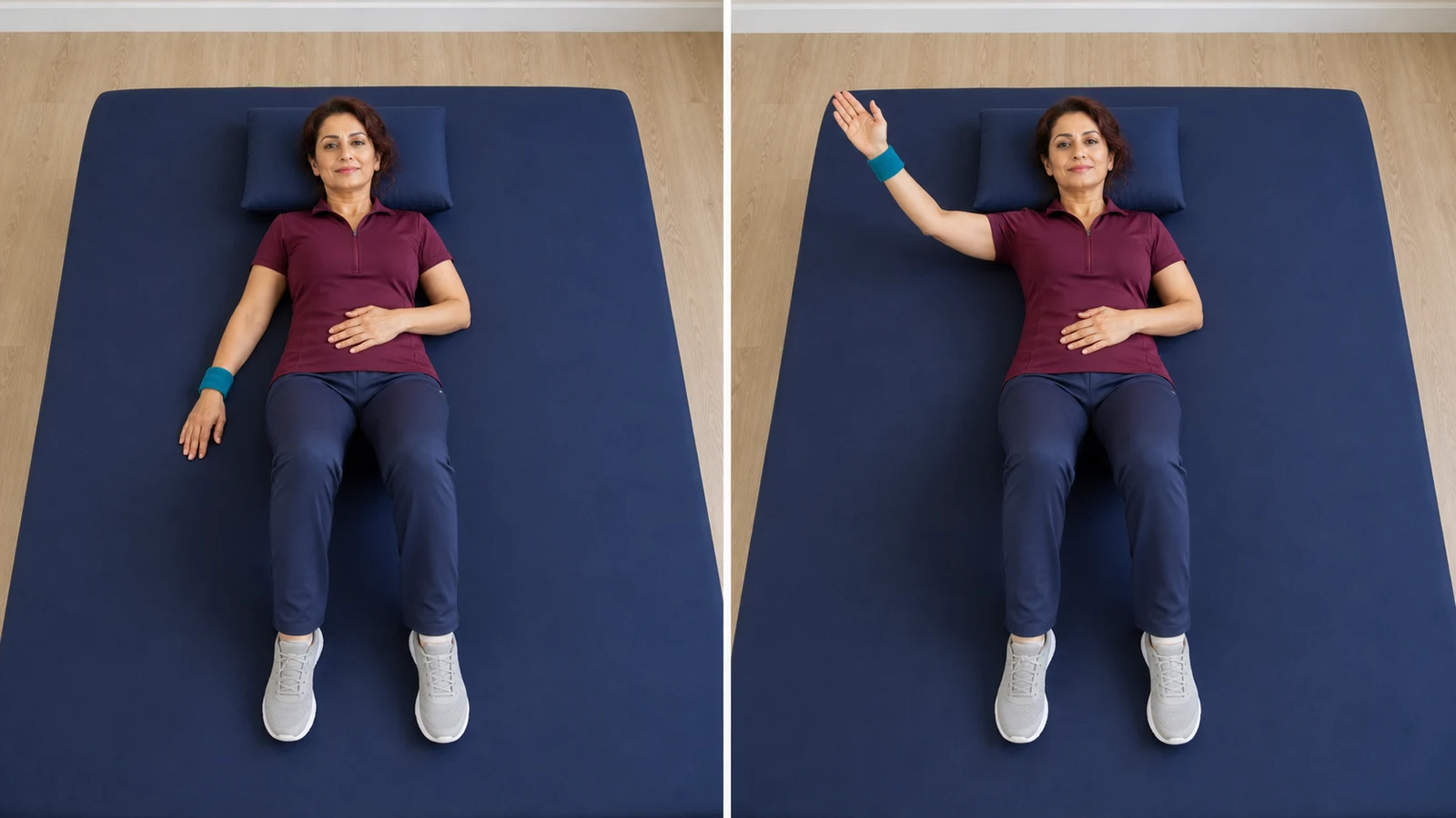 Active elevation of the unweighted right arm while lying on the back with the left hand on the abdomen