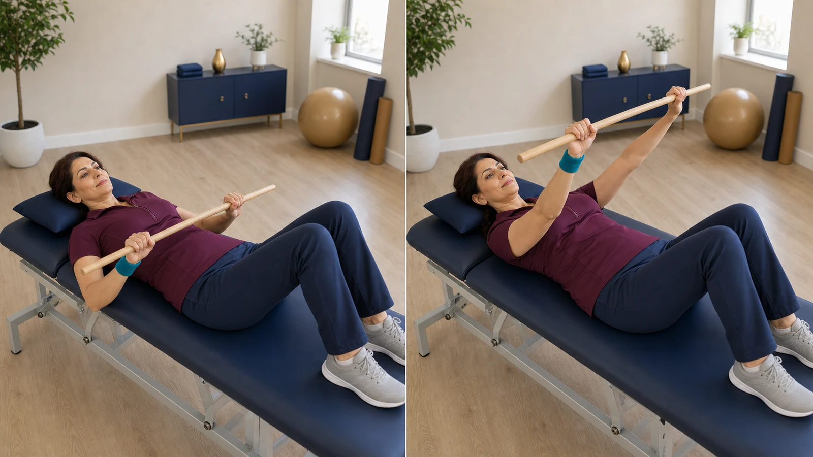 Assisted elevation of the right arm with one dowel guided by the left hand while lying on the back