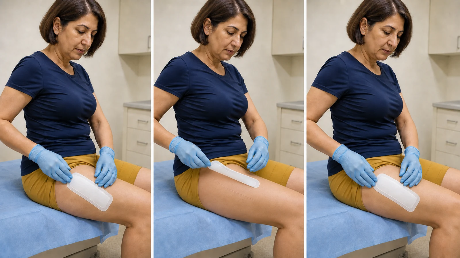 Changing a lateral hip dressing with sterile gloves after total hip replacement
