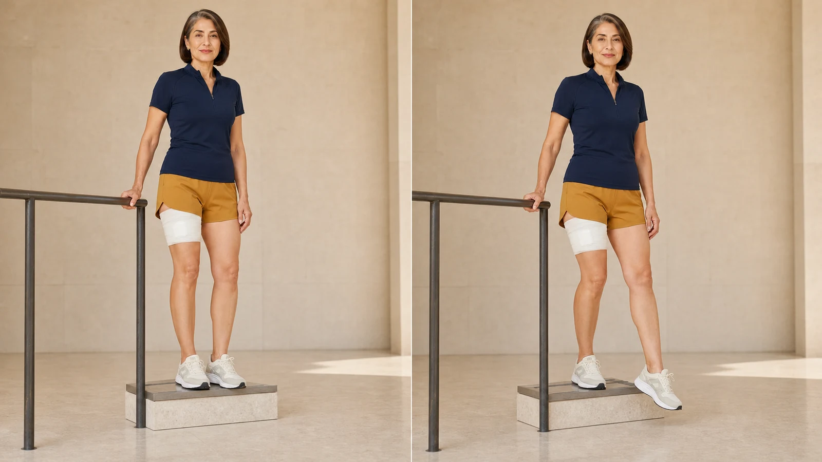 Slow step-down from a low step while supported by the operated leg and a handrail