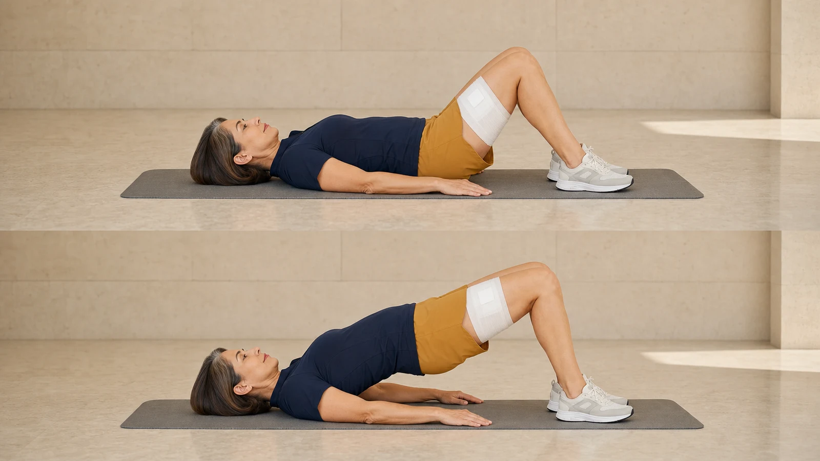 Controlled pelvic lift during a double-leg bridge after total hip replacement