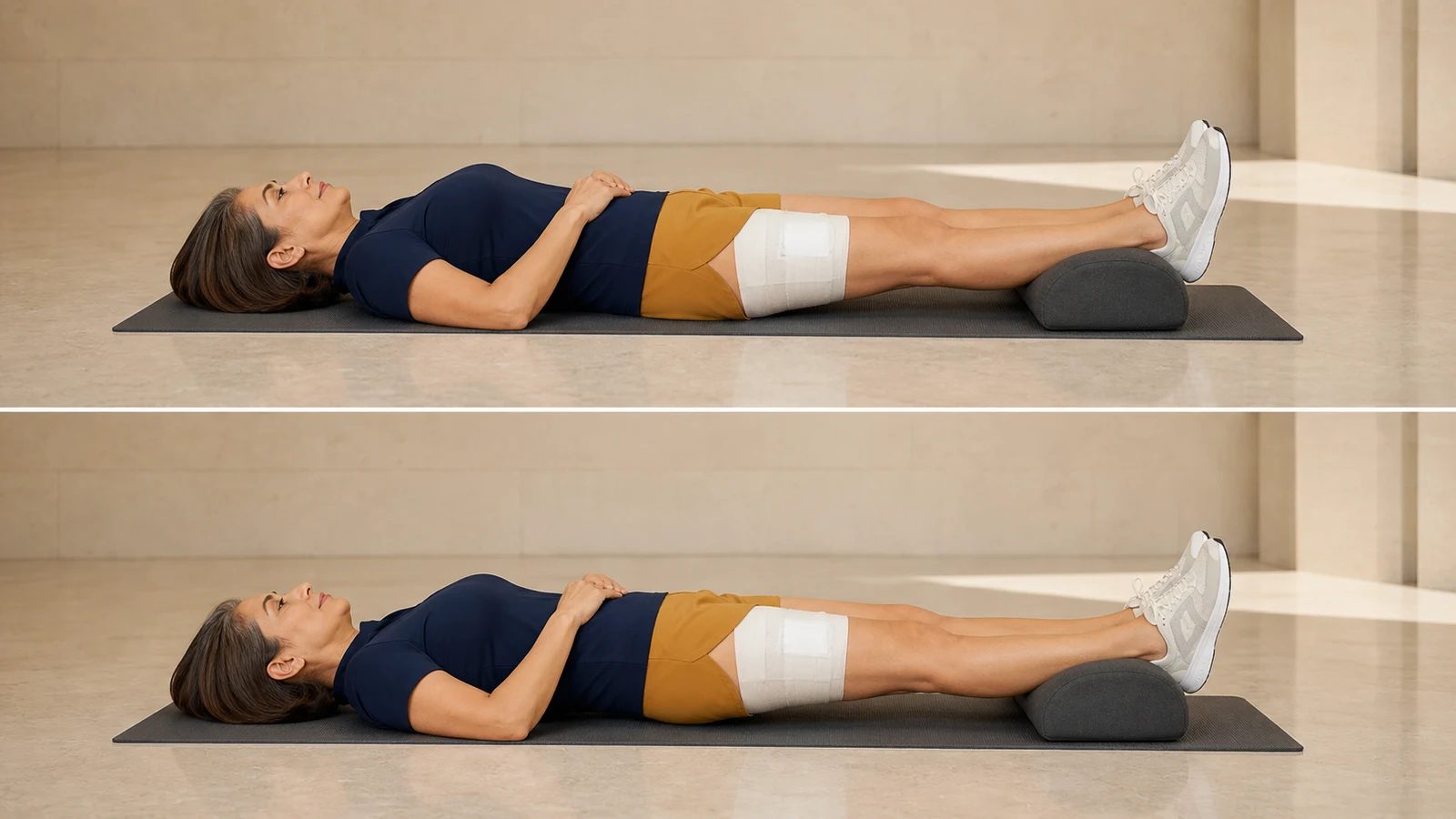Gentle gluteal contraction while lying on the back after total hip replacement