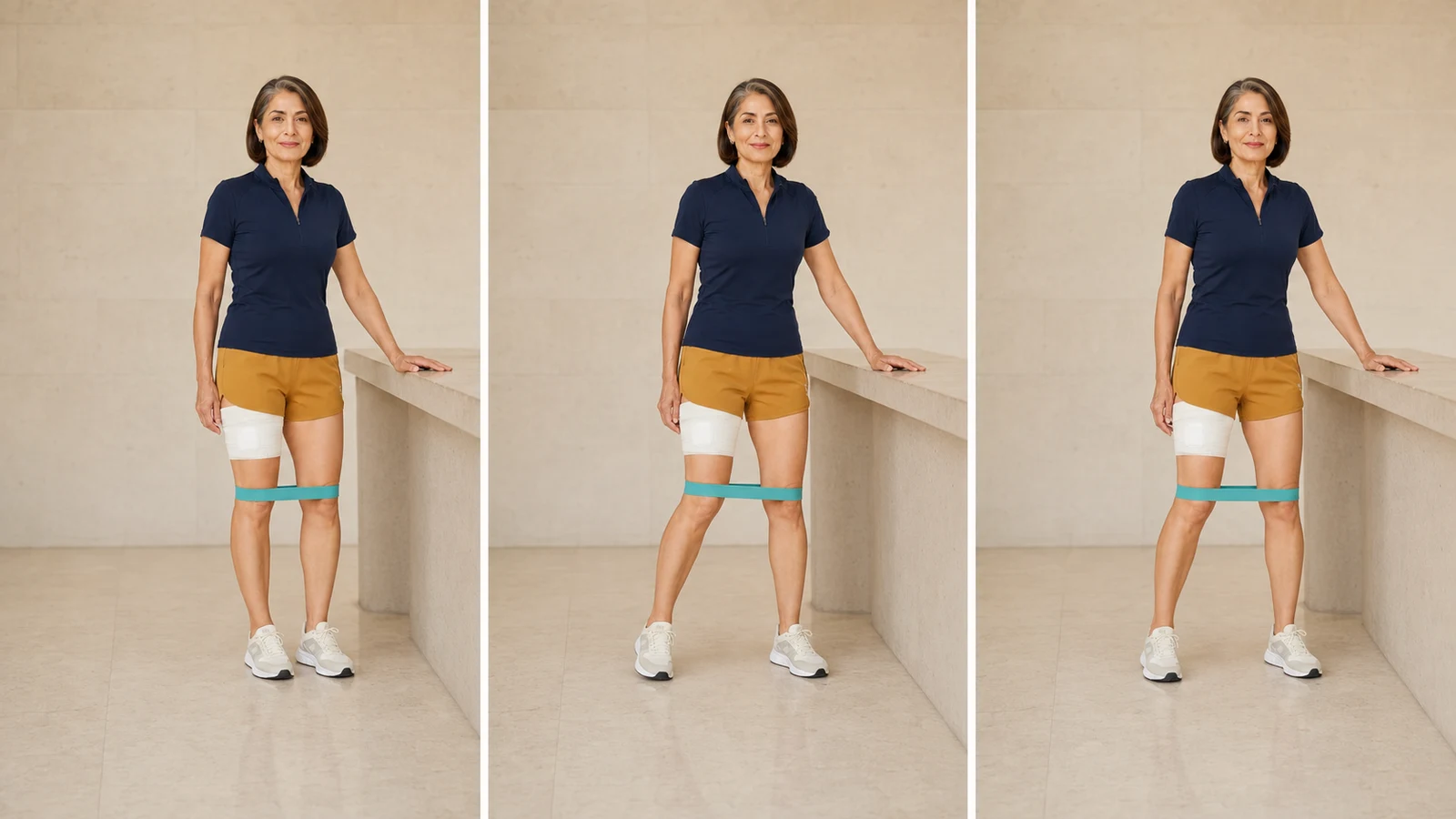 Short lateral steps with a light resistance band beside a counter after total hip replacement