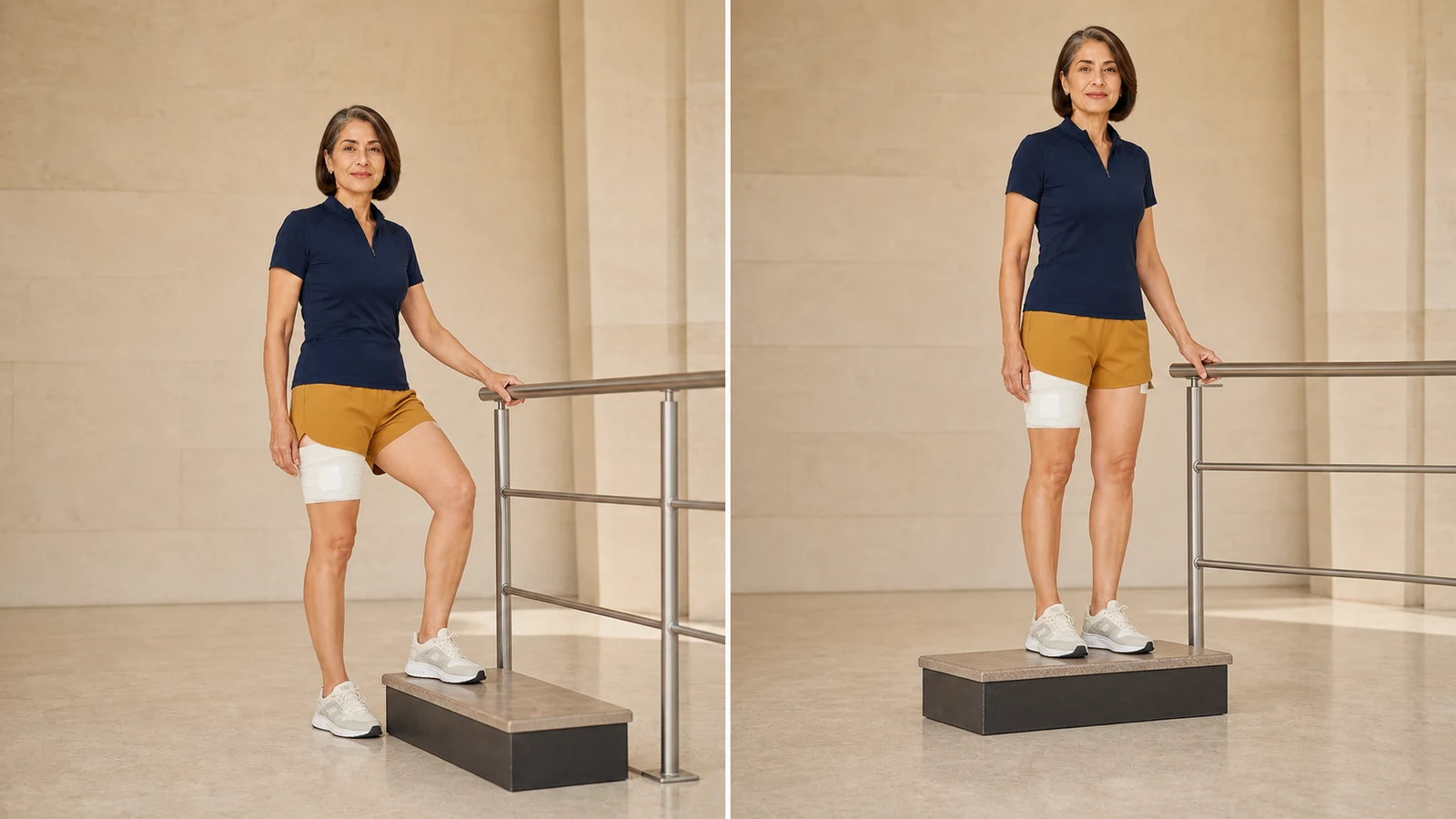Controlled step-up leading with the operated leg on a low step with handrail support