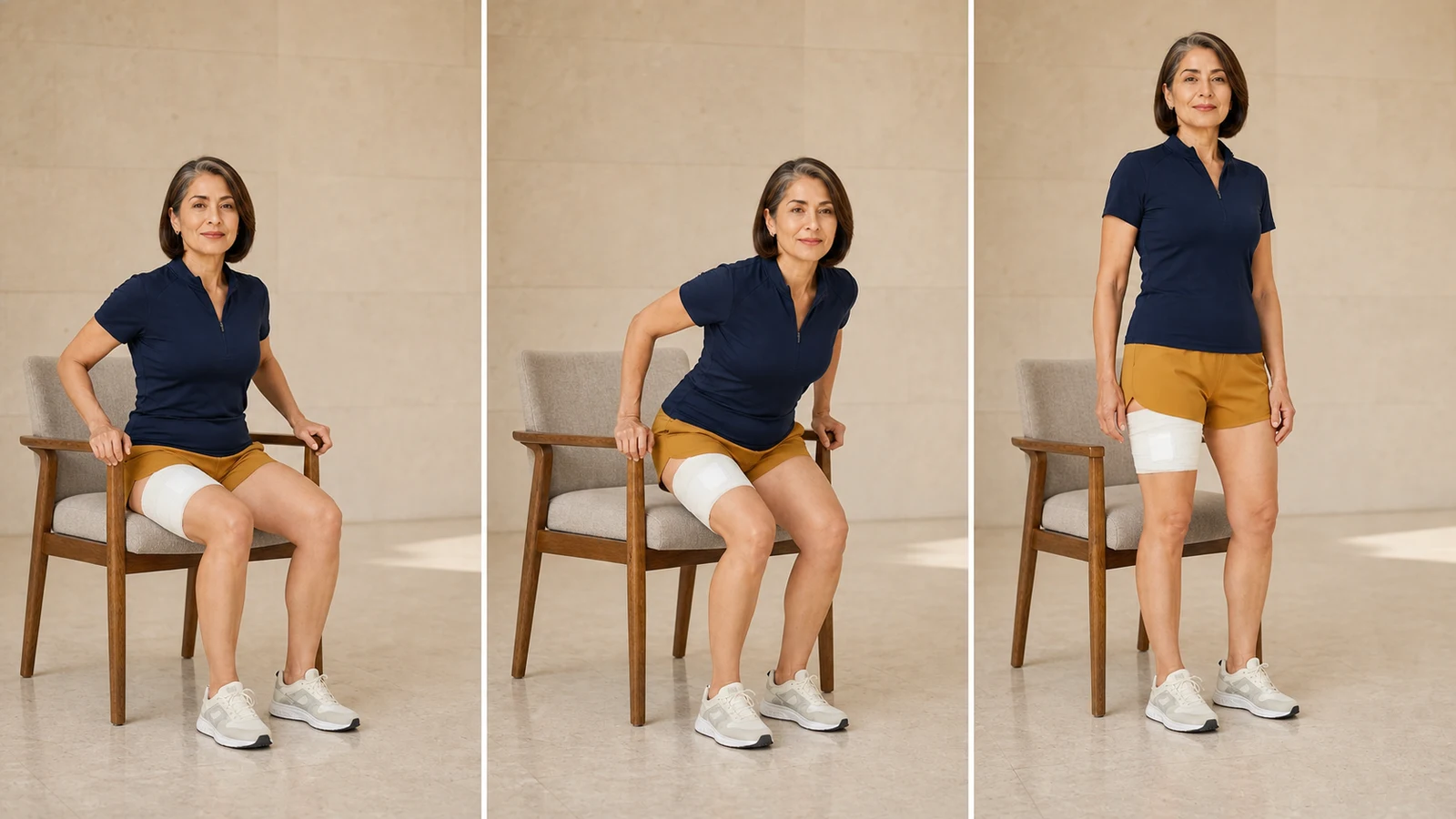 Controlled sit-to-stand sequence from a firm chair after total hip replacement