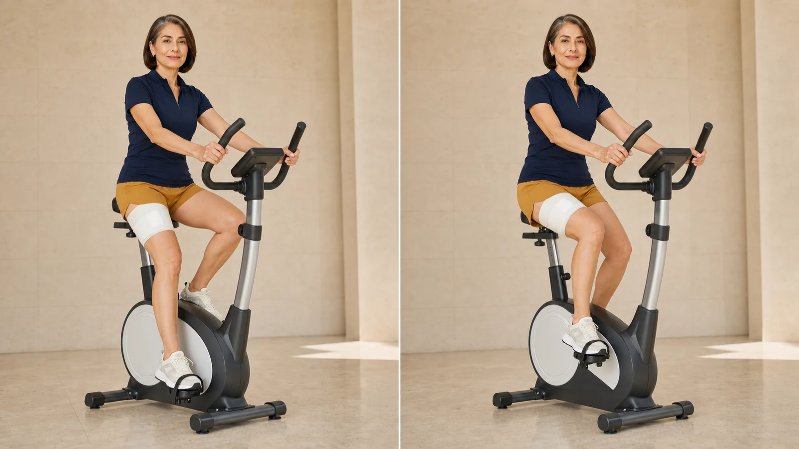 Gentle pedalling on a stationary bike with a high saddle after total hip replacement